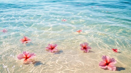 Aufkleber - Pink Hibiscus Flowers Floating on Clear Shallow Ocean Water