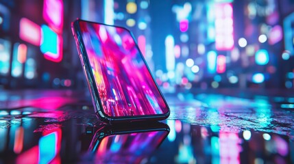 Poster - neon dreams: smartphone illuminates with a futuristic neon glow in a rain-slicked cityscape. capturi