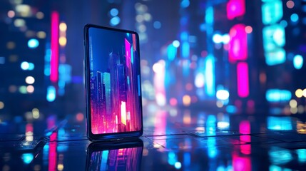 Poster - tech vista: a sleek tablet illuminated by the dazzling neon glow of a futuristic cityscape. immerse 