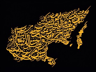 Poster - Abstract artwork with golden calligraphy forming a map shape on a black background. The intricate script and color contrast creates a visually striking design