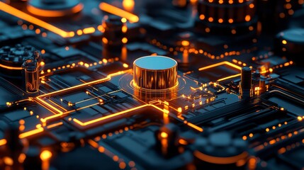 Poster - Circuit Board Brilliance: A macro view of a sophisticated circuit board glows with intricate pathways of light, showcasing advanced technology and connectivity.