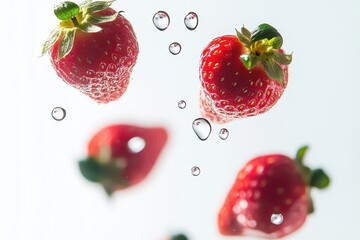 Aufkleber - Red Strawberries Floating in Water with Bubbles