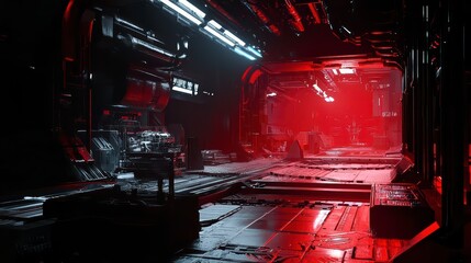 Poster - Eerie Sci-Fi Interior: A dark and gritty sci-fi interior showcases a metallic hallway illuminated by ominous red and blue lights, creating an atmosphere of mystery and anticipation.
