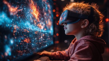Child using VR headset, exploring space on large screen.
