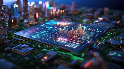Poster - Futuristic Digital Cityscape with Circuit Board and Colorful Lights