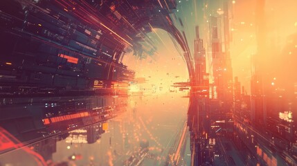 Poster - Futuristic Abstract Landscape with Shimmering Lights and Structures