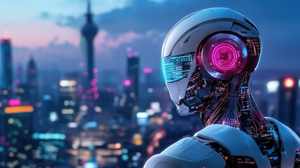 Poster - Futuristic Robot Overlooking a Neon Cityscape at Dusk