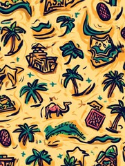 Poster - Colorful repeating pattern featuring desert elements like palm trees and camels against a sand-colored backdrop with artistic outlines and varied details
