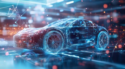 Poster - Digital Car in the Future: A futuristic car design rendered with neon-like lines, showcasing the sleek contours of an automobile, reflecting the evolution of automotive technology.