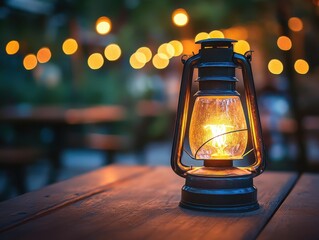 Poster - Vintage Lantern Glowing on Wooden Table at Night
