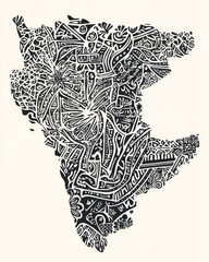 Poster - Abstract monochrome illustration of a complex pattern resembling a geographical shape with intricate lines and shapes. The design creates a unique visual texture against a light background