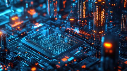 Poster - Futuristic Digital Cityscape with Neon Lights and Circuitry