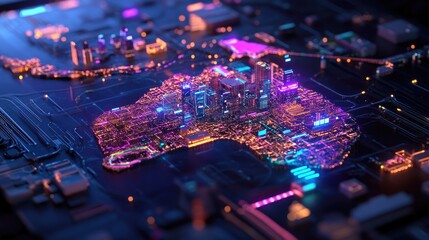 Poster - Futuristic Cityscape on Circuit Board with Neon Lights and Colors