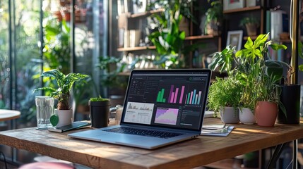 Poster - Modern Workspace with Laptop and Green Plants in Bright Environment