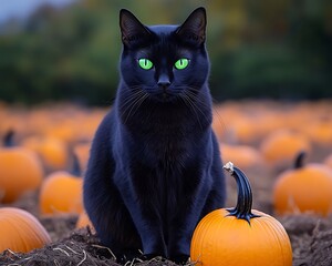 spooky black cat with glowing green eyes sitting on a pumpkin patch at dusk