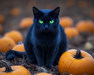 spooky black cat with glowing green eyes sitting on a pumpkin patch at dusk