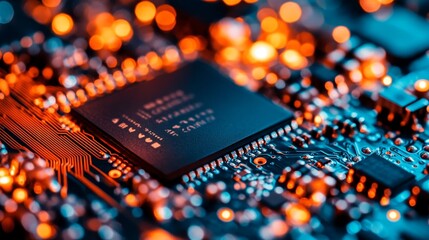 Microchip close-up illuminated on circuit board against bokeh background