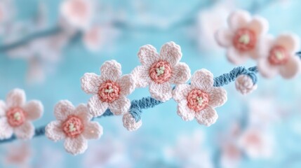 Poster - Delicate Crochet Flowers on a Soft Blue Background