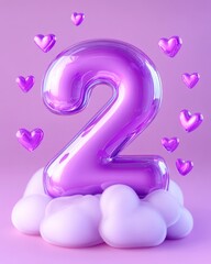 Poster - Three-dimensional numeral two with heart-shaped balloons on a pink cloud with scattered purple hearts on a gradient pink background