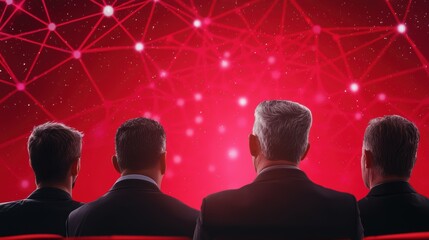 Fototapete - A group of businessmen watching a digital network against a red backdrop, symbolizing technology, connectivity, and innovation.