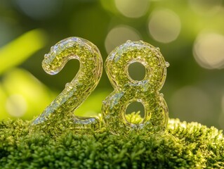 Poster - Close up of the number 28 made of transparent green water drops on green moss with blurry green background