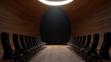 Poster - A modern, circular conference room featuring sleek black chairs arranged in a semi-circle, illuminated by a striking overhead light.
