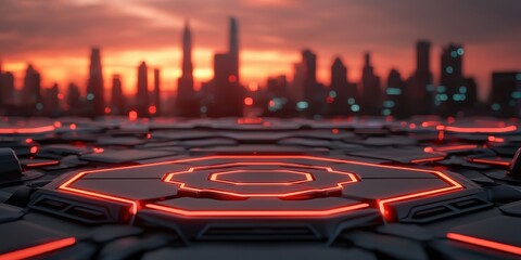 Poster - A futuristic cityscape at sunset, featuring illuminated hexagonal patterns in the foreground and a skyline of skyscrapers in the background.