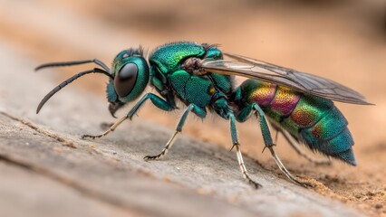 Wall Mural - jewel wasp up close: a captivating close-up shot of a jewel wasp, its iridescent, metallic exoskelet