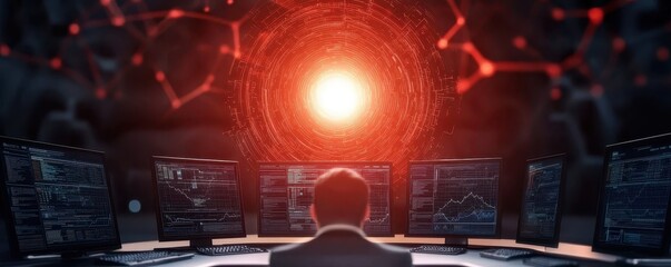 Fototapete - A person sits in front of multiple screens, gazing at a bright red circular light, evoking a sense of technology and intrigue in a dark environment.