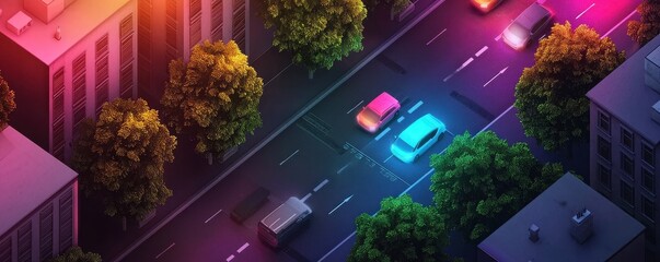 Poster - A vibrant aerial view of a city street at night, showcasing colorful cars and lush trees amidst glowing urban lights.