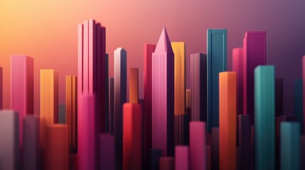 Aufkleber - A vibrant cityscape featuring colorful, geometric skyscrapers against a gradient sunset background.