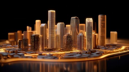 Aufkleber - A futuristic city skyline illuminated in gold tones, showcasing towering skyscrapers against a dark background.
