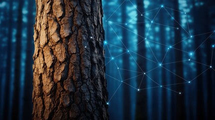 Aufkleber - A close-up of a tree trunk in a dark forest, illuminated by subtle light, with a network of connections depicted in the background.