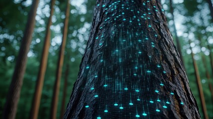 Poster - A glowing tree trunk surrounded by a lush forest, featuring blue luminescent patterns that create a mystical atmosphere.