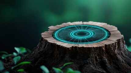 Poster - A futuristic digital display rests on a tree stump, blending nature with technology in a serene green environment.
