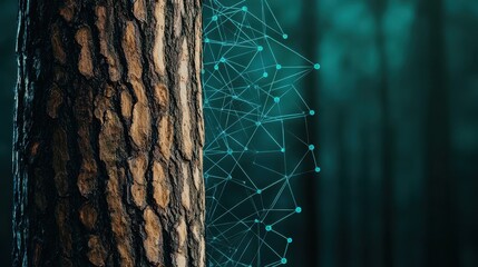 Poster - A close-up of a tree trunk with a digital network overlay, blending nature and technology in a serene forest setting.