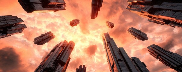 Poster - A surreal landscape features towering monoliths against a vibrant, fiery sky, creating a dramatic and otherworldly atmosphere.
