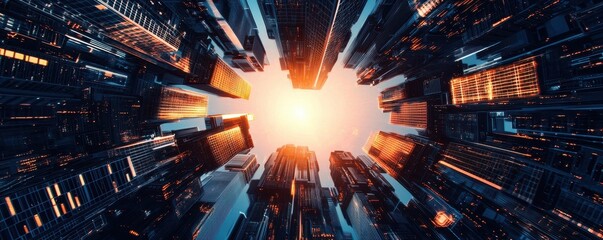 Poster - A stunning view looking up at skyscrapers with sunlight streaming through, creating a dramatic urban perspective.