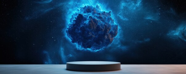 Poster - A floating, glowing blue orb against a cosmic backdrop, set on a simple platform, evokes a sense of mystery and futuristic design.