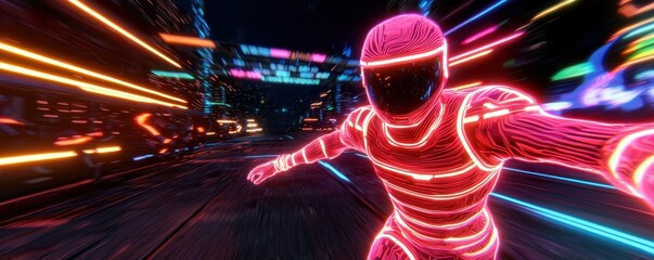 Poster - A futuristic figure in neon attire races through a vibrant, illuminated environment, evoking a sense of speed and adventure.