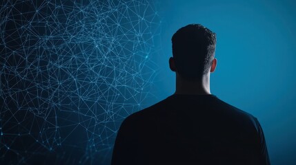 Fototapete - A silhouetted figure stands against a blue backdrop filled with abstract connections, symbolizing technology and digital exploration.