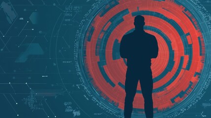 Fototapete - A silhouette stands against a digital background, featuring concentric circles and intricate patterns, symbolizing technology and data.