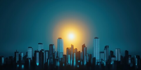 Poster - A city skyline at sunset, featuring modern buildings silhouetted against a blue sky illuminated by a warm sun.