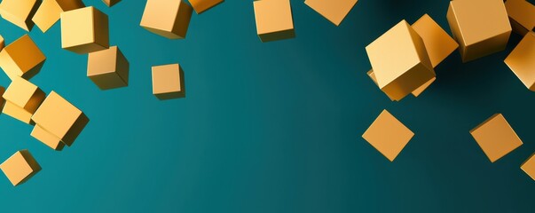Aufkleber - Abstract image featuring floating golden cubes on a turquoise background, creating a modern and dynamic visual effect.