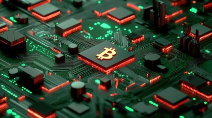 Poster - A close-up view of a circuit board illuminated in green and red, featuring a prominent Bitcoin symbol at its center.
