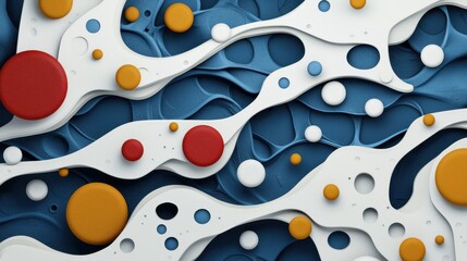 Aufkleber - A colorful abstract design with flowing shapes and circular elements on a textured blue background.
