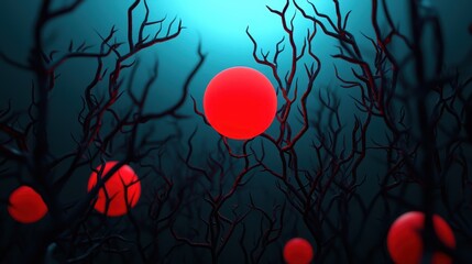 Poster - An abstract underwater scene featuring red spheres surrounded by dark branches, creating a surreal and eerie ambiance.