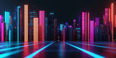 Fototapete - A vibrant, futuristic cityscape illuminated by colorful neon lights against a dark background.