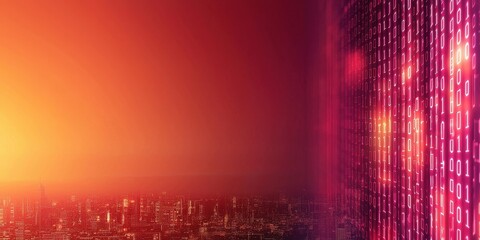 Aufkleber - A vibrant sunset over a cityscape, merging with a digital binary background, symbolizing the fusion of technology and nature.