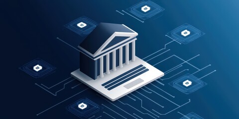 Poster - A digital representation of a bank building surrounded by network connections, symbolizing financial technology and digital banking.